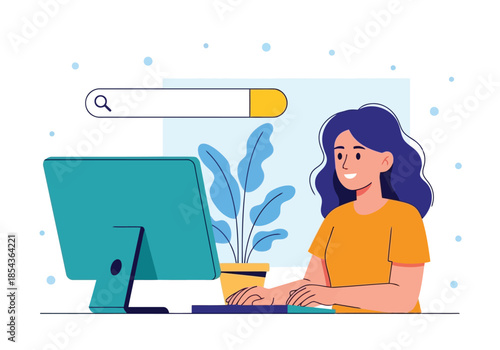 Illustration of woman typing on a keyboard in front of a desktop computer with a search bar graphic above