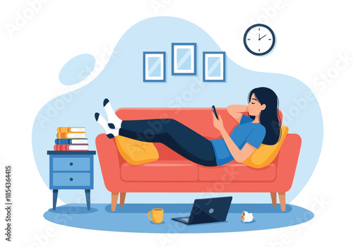Illustration of young woman relaxing on a sofa, using her smartphone, with a laptop and books nearby, illustrating a cozy home environment and leisure time