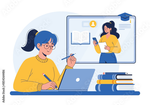 Illustration of young student learning online with laptop and teacher on screen, surrounded by books and educational materials