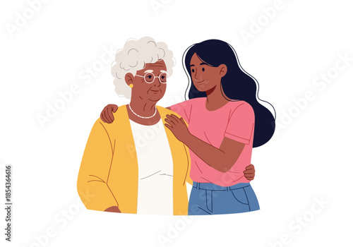 Illustration of a young woman embraces her elderly grandmother with care and support, showing intergenerational love and connection
