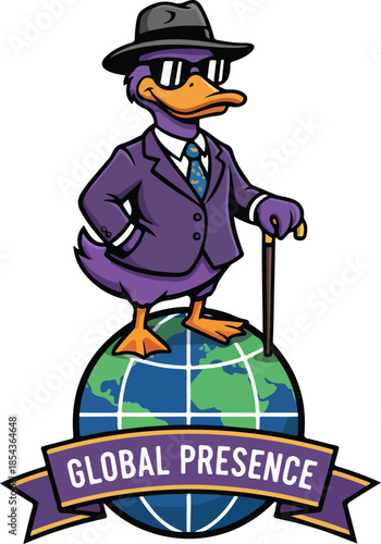 Duck Cartoon Character with Global Presence Standing on Globe.