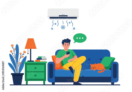 Illustration of man relaxing on sofa using smartphone with air conditioner blowing cool air, cat sleeping nearby, illustration