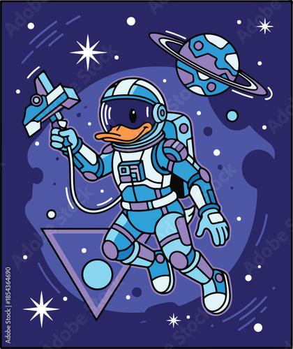 Duck Astronaut Floating in Space with Ray Gun and Planet.