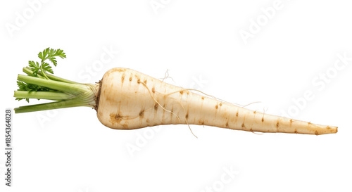 Fresh parsnip root isolated on transparent background with green leaves