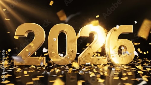 Golden 2025 New Years Eve celebration with falling confetti with luxury.