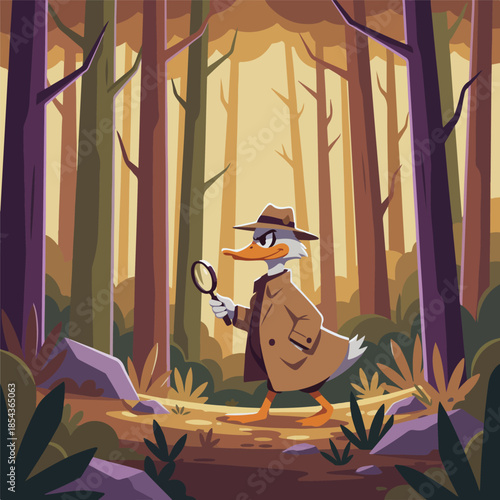 Duck Detective Investigating in the Forest with Magnifying Glass.