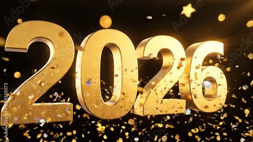 Golden 2026 numbers explode with celebratory confetti with New Year.