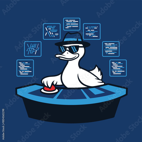 Duck in Fedora Hat Pushing Button with Code Background.