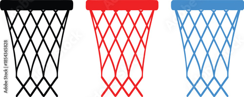 Three basketball hoops in black, red, and blue.