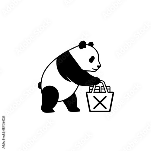 Vector icons Cute Panda Bear with Shopping Bag Minimalist Black and White Illustration. EPS Editable