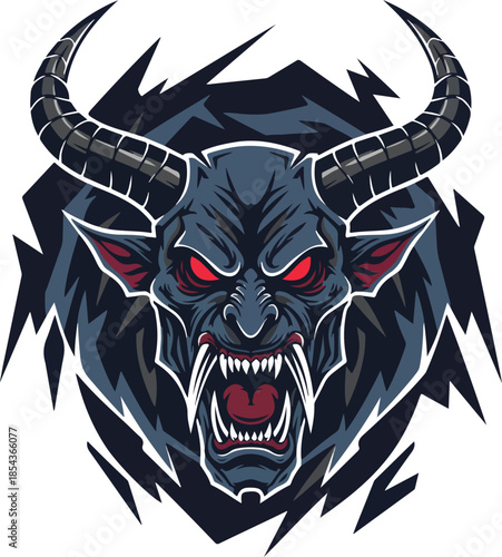 Fierce Demonic Face with Curved Horns and Sharp Fangs.