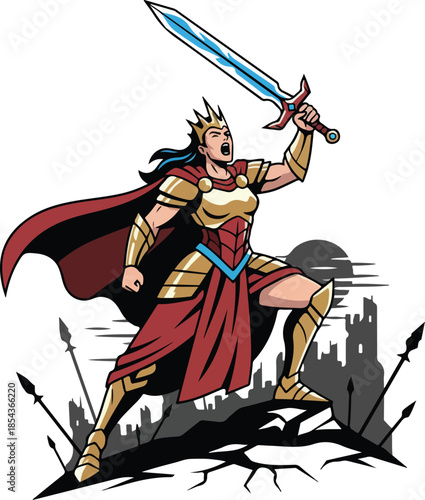 Fierce Warrior Queen Raising Sword in Victory.
