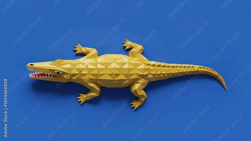 Fototapeta premium Golden Geometric Alligator Model Lying on Blue Background