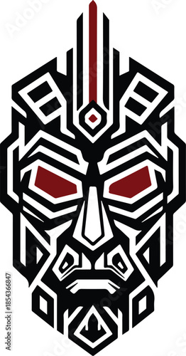 Geometric Tribal Mask with Bold Red Eyes.