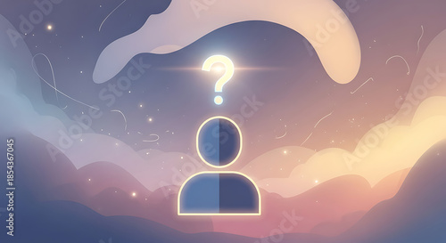 A stylized person silhouette with a glowing question mark above their head, set against a dreamy, cloudy sky, symbolizing identity, mystery, or seeking answers.