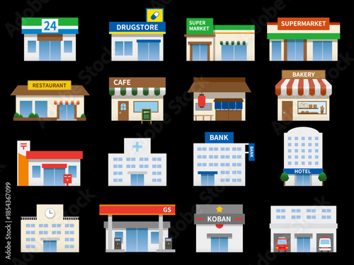 Dark Mode Building and Store Icons – vector set