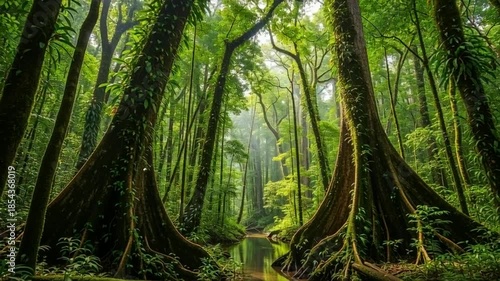 Serene Green Forest Scene with Tall Trees and River in a Lush Jungle Environment
