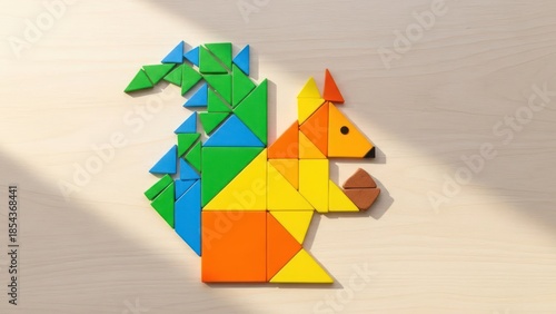 Playful Colorful Tangram Squirrel Sitting on Light Wooden Background