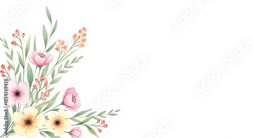 Watercolor Floral Arrangement with Pink and Yellow Flowers and Greenery graphic design isolated on a transparent background