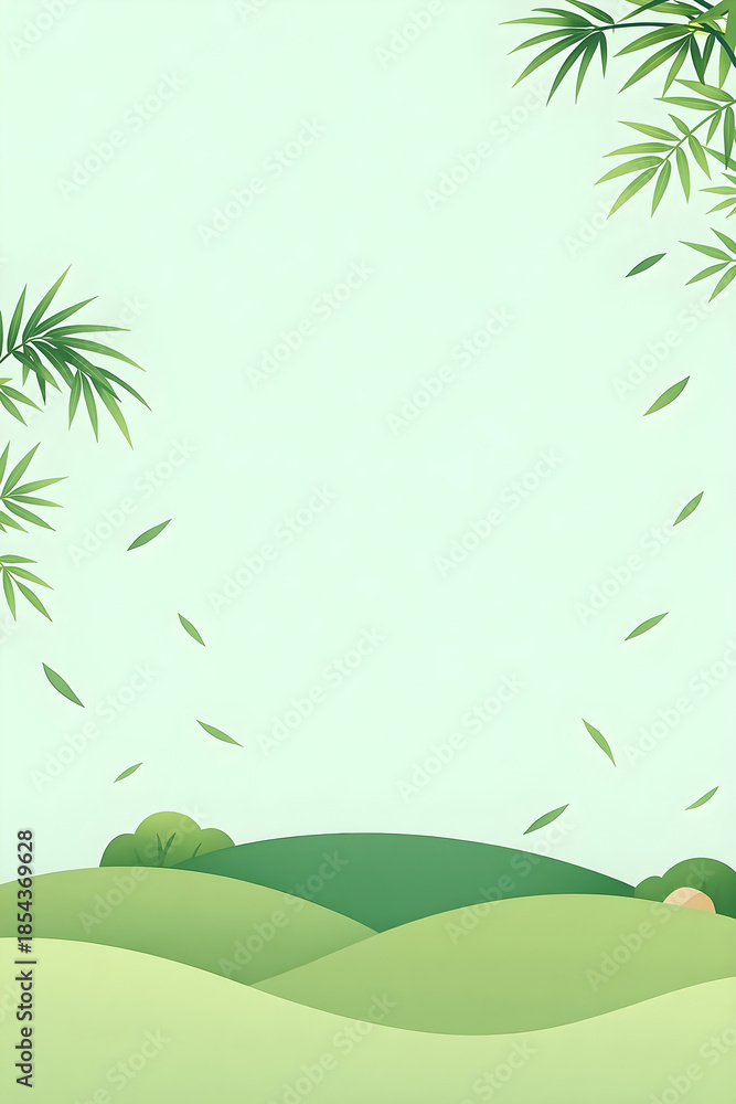 Obraz premium Serene Green Landscape Background with Bamboo Leaves and Rolling Hills
