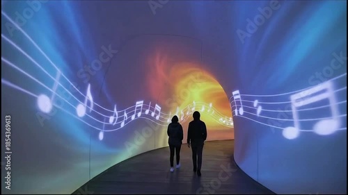 Couple walking toward a tunnel filled with vibrant music notes and lights.