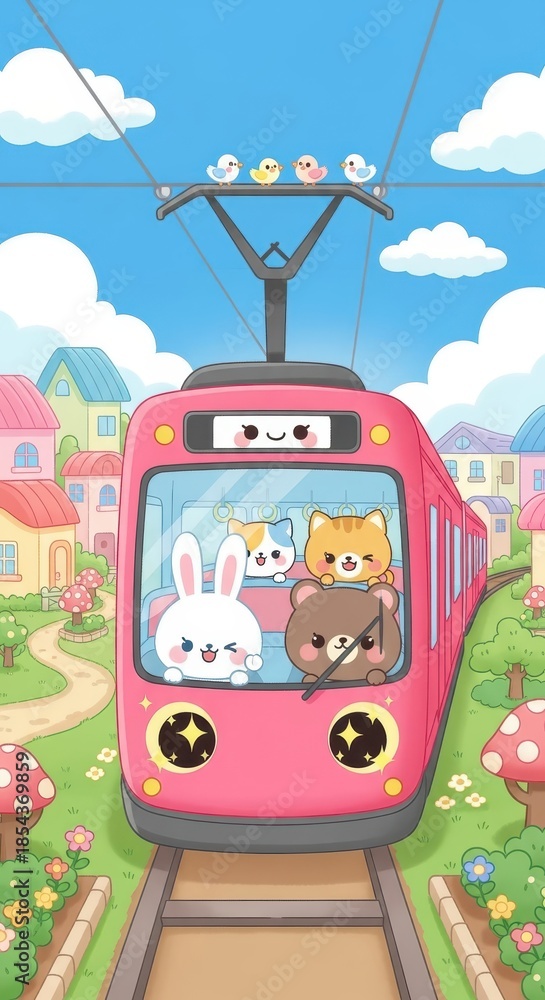 Naklejka premium Adorable cartoon animal characters ride a bright pink public transport vehicle through a cheerful landscape