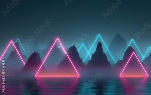 Wallpaper Mural Abstract neon mountain landscape with geometric shapes and water reflection Torontodigital.ca