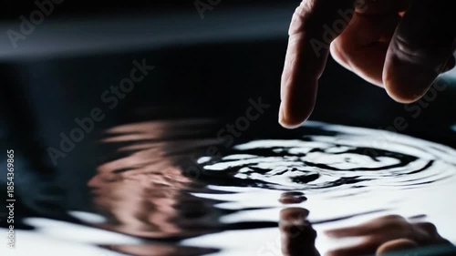 Close-up of hands interacting with a circular, reflective surface creating ripples