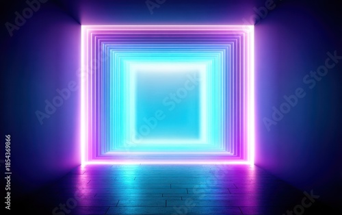 Wallpaper Mural Abstract neon square tunnel with vibrant blue and purple glowing lights Torontodigital.ca