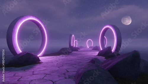 Wallpaper Mural Abstract path with neon rings leading to a surreal landscape with a moon Torontodigital.ca