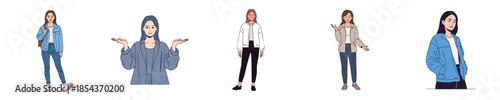 Casual Young Women Explaining And Confident Standing Gestures Flat Vector Illustration