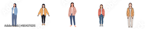 Casual Young Women Standing Outfit Poses Flat Vector Character Illustration