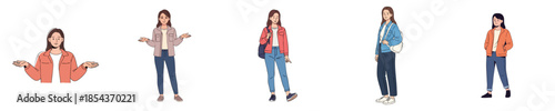 Casual Young Women Explaining And Walking Gestures Flat Vector Character Illustration