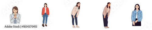Casual Young Women Shy Worried Standing Poses Flat Vector Character Illustration
