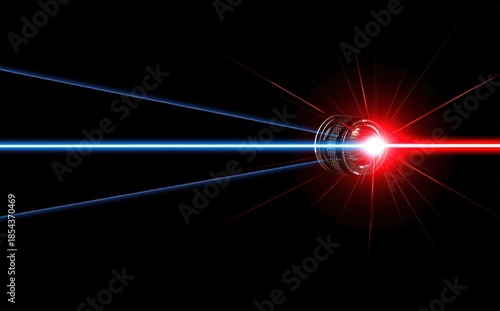 Abstract red and blue laser beams radiating from a central point on black