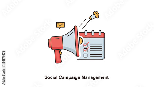 Social campaign management illustration featuring megaphone and checklist