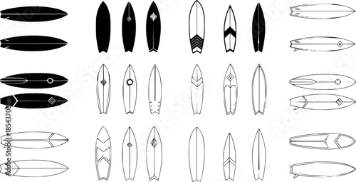 Set of surfboard vector icons. Black silhouette of types surfboard. Outline icon.
