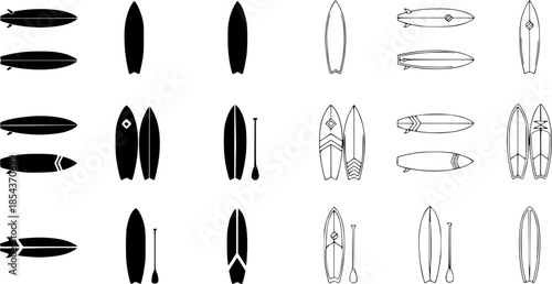 Set of surfboard vector icons. Black silhouette of types surfboard. Outline icon.
