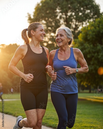 Senior Mother and Adult Daughter Jogging Together in Sunny Park for Healthy Lifestyle