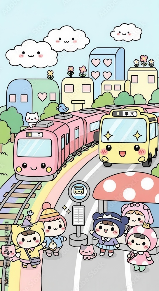 Naklejka premium Adorable cartoon city scene features diverse transportation and cheerful characters waiting at a stop