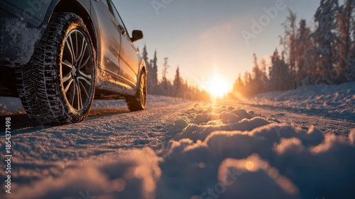 Car on a snowy road at sunset during winter travel with sun flare background