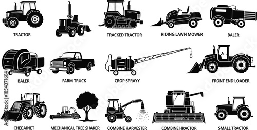 Agriculture farm machinery set with tractor, combine harvester, baler, and mower silhouettes, heavy equipment for farming industry icons, isolated vector illustration collection
