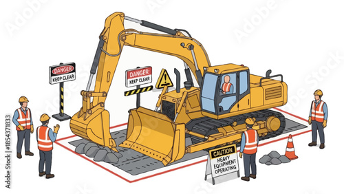 Heavy yellow excavator and industrial digging machinery isolated on a white background and operating on a construction site as heavy equipment for building and earth work