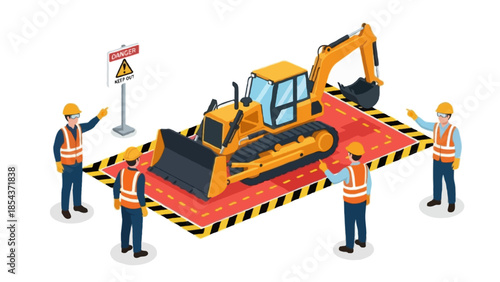 Vector illustration of a cartoon man with a suitcase standing near heavy industrial construction machinery including a yellow excavator and hydraulic crane isolated on white
