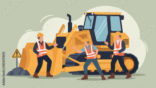 Corporate safety training visual, flat vector illustration of a construction site safety incident involving a bulldozer