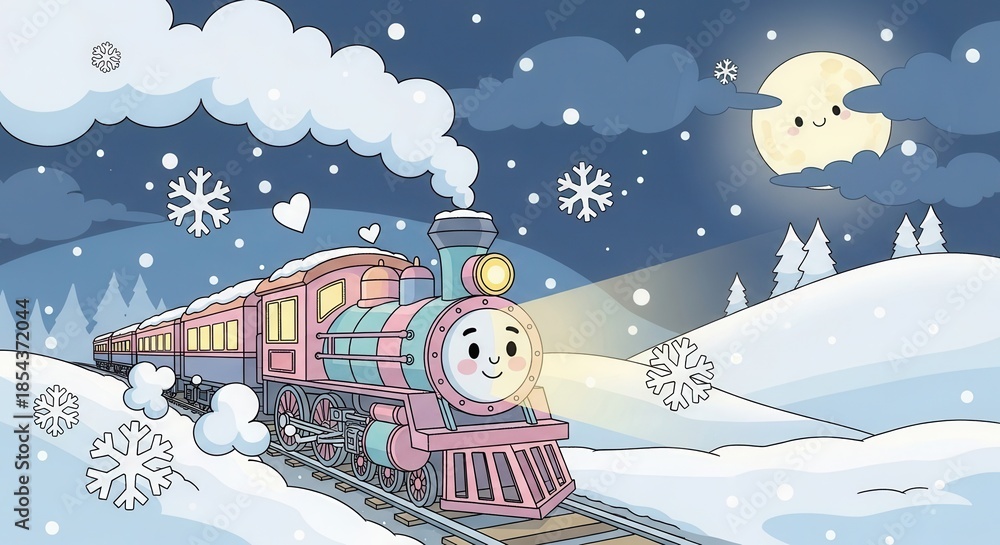 Naklejka premium Charming pastel colored locomotive travels through a snowy winter landscape under the night sky
