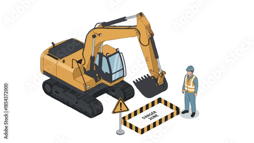 A heavy yellow hydraulic excavator and industrial machinery vehicle isolated on a white background for construction and building work