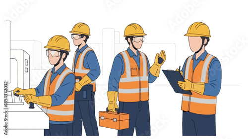 A professional team of construction workers and architects in uniforms and hardhats collaborate on an industry project during a successful business meeting