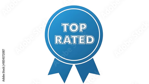 Blue circular ribbon badge with white outline and text 'top rated' in white sans serif font, symbolizing excellence and achievement, isolated on a white