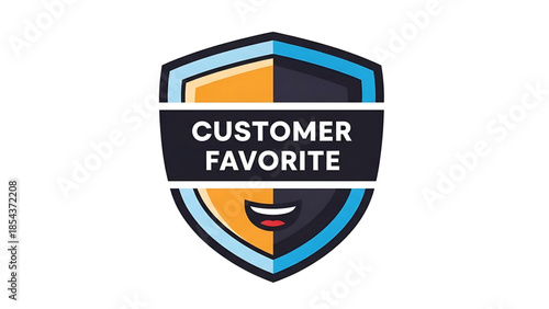 Vector shield badge with a smiling face and the text 'customer favorite' in bold white letters on a dark background, representing customer satisfaction